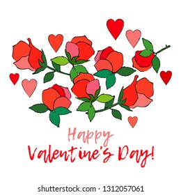 Decorative hearts and pink roses with black stroke on white background. Valentine's day. Vector illustration. Greeting card. Can be used for wallpaper, textile, invitation card, web page background.