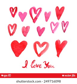 Decorative hearts set. I love You. Text message. Beautiful watercolor heart for your design. Valentine vector background. Holiday concept. Happy valentines day