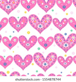 Decorative hearts silhouettes isolated on background. Seamless pattern. Cutout folk design in modern cute style. For Valentine's day wrapping paper, textile.  Vector clipart.