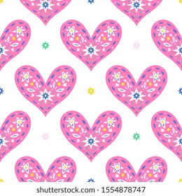 Decorative hearts silhouettes isolated on background. Seamless pattern. Cutout folk design in modern cute style. For Valentine's day wrapping paper, textile.  Vector clipart.