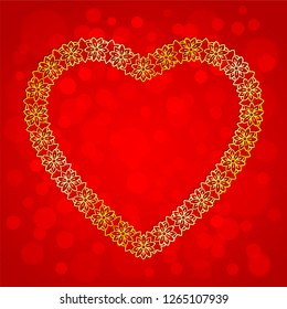 Decorative heart-shaped floral frame on red background with bokeh. Golden frame with place for your text. Design template for wedding invitation and Valentine ’s Day greeting cards