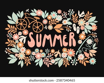 Decorative Hello Summer typography surrounded by a wreath of pastel flowers and leaves, with intricated intertwined birds, bicycle, fishing rod in coral, mint, and peach colors on a black background.