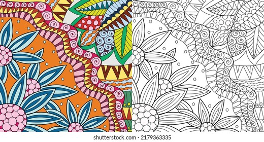 Decorative henna design coloring book page illustration for adults art drawing relaxing 