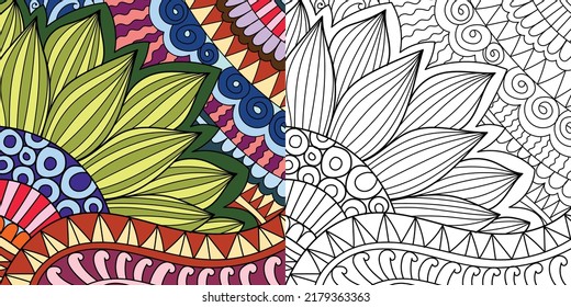 Decorative henna design coloring book page illustration for adults art drawing relaxing 