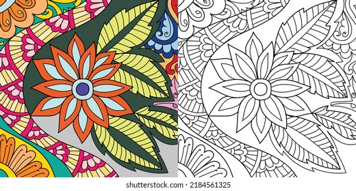 Decorative henna design coloring book page illustration for adults art drawing relaxing 