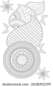 Decorative Henna Style Paisley and Mandala Line Art, A detailed black and white line art illustration in the style of henna or mehndi. Features a large paisley shape with various patterns including