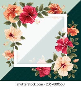 Decorative Hibiscus flower with leaves in square shape. Vector set of blooming flower for your design. Adornment for wedding invitations and greeting card.