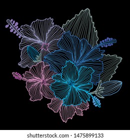 Decorative hibiscus flowers, design elements. Can be used for cards, invitations, banners, posters, print design. Floral background in line art style