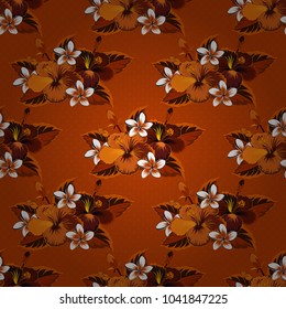 Decorative hibiscus flowers repeating pattern. Vector illustration. Abstract elegance seamless pattern with floral motifs in orange, brown and red colors.