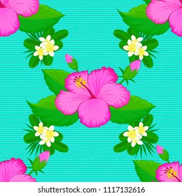 Decorative hibiscus flowers repeating pattern. Vector illustration. Abstract elegance seamless pattern with floral motifs on a blue background.