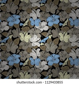 Decorative hibiscus flowers repeating pattern. Vector illustration. Abstract elegance seamless pattern with floral motifs in beige, gray and black colors.
