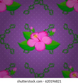 Decorative hibiscus flowers repeating pattern. Vector illustration. Abstract elegance seamless pattern with floral motifs on a violet background.