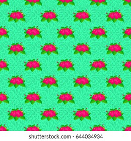 Decorative hibiscus flowers repeating pattern. Vector illustration. Abstract elegance seamless pattern with floral motifs on a green background.