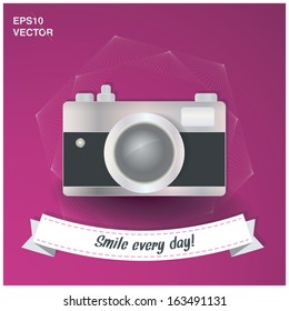 Decorative hipster analog camera in scalable vector for web pages, banners, decorations - dark magenta edition