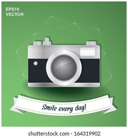 Decorative hipster analog camera in scalable vector for web pages, banners, decorations - green edition