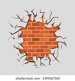 Decorative hole, fracture with cracks. Vector frame. Red brick wall inside the crumbling plaster.