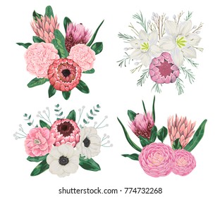 Decorative holiday bouquets set with flowers, leaves and branches. Vintage floral elements. Vector illustration in watercolor style