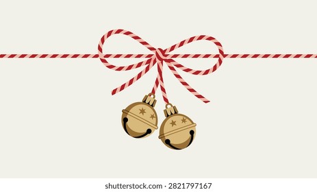 Decorative holiday design featuring red and white striped bow with two golden jingle bells engraved with stars, symbolizing Christmas, celebration, festivity, gift wrapping, and seasonal joy