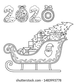 Decorative holiday element for decoration for New Year and Christmas. Lettering number 2020. Festive design - toys, gifts, sleigh and Santa Claus. Coloring book page.