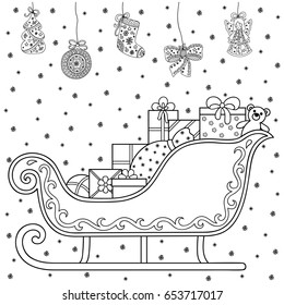 Decorative holiday element for decoration for New Year and Christmas - toys, gifts, sleigh and Santa Claus. Coloring book page.