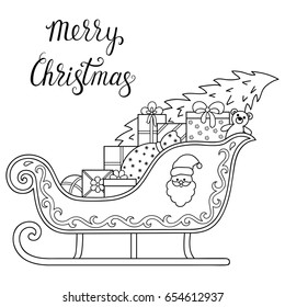 Decorative holiday element for decoration for New Year. Lettering "Merry Christmas". Design - toys, gifts, sleigh and Santa Claus. Coloring book page.