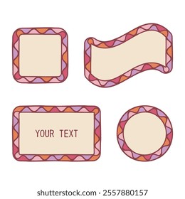 Decorative holiday frame set. Doodle style design, hand drawn bold stroke line border isolated elements, shape of rectangle, circle, square. Pink tones colors. Text empty space. Vector illustration