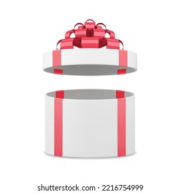 Decorative holiday gift box open cap for desired present package isometric 3d vector illustration. Luxury festive white circled cardboard surprise unpacking isolated. Anniversary, birthday, Christmas