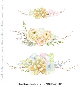 Decorative holiday horizontal ornaments of flowers ranunculus, succulents, leaves and old branches, tender floral vector illustration in vintage watercolor style.