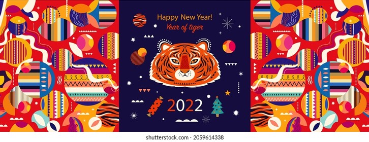 Decorative holiday illustration with symbol of 2022 year tiger. Happy New Year illustration