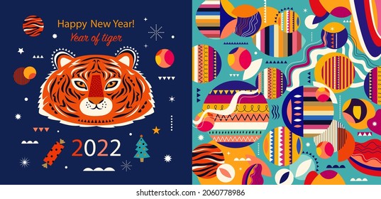 Decorative holiday illustration with symbol of 2022 year tiger. Happy New Year illustration