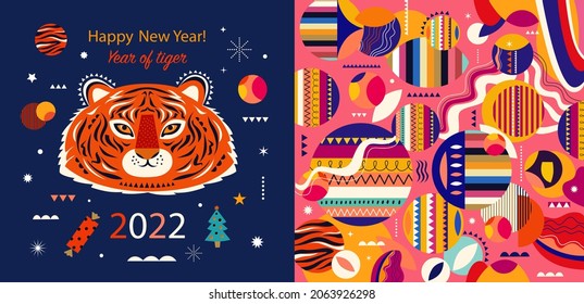 Decorative holiday illustration with symbol of 2022 year tiger. Happy New Year illustration