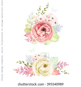 Decorative holiday ornaments of flowers ranunculus, leaves and branches, floral vector illustration in vintage watercolor style with silhouette butterflies.