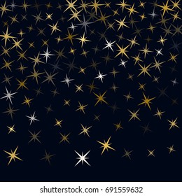 Decorative holiday pattern on black with glitter confetti, magic shining sparkles design. Cosmic abstract gold star elements falling down vector background. Golden night sky stars party backdrop.