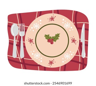 Decorative holiday plate on a napkin, decorated with stars, snowflake and mistletoe. Vector illustration of tableware for textiles, New Year designs, cards.