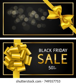 Decorative holiday sale cards with golden bow for your design. Black friday sale template