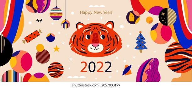 Decorative holiday template banner with symbol of 2022 year tiger. Happy New Year illustration
