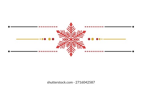 Separador decorativo de texto de vacaciones con un copo de nieve rojo central con líneas negras y doradas aisladas en blanco.