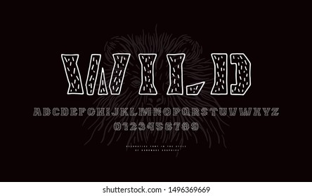 Decorative hollow font in the style of handmade graphics. Letters and numbers with fur texture for logo and title design. Print on black background