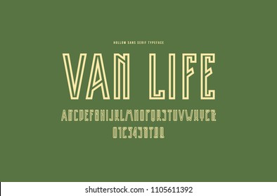 Decorative hollow sans serif font. Letters and numbers for logo and title design. Yellow print on green background