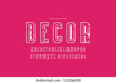 Decorative hollow sans serif font with interweaving stripes. Letters and numbers with rough texture for logo and title design. White print on red background