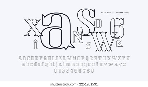 Decorative hollow serif font. Letters and numbers for logo and headline design. Vector illustration