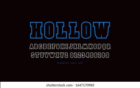 Decorative hollow slab serif font. Letters and numbers for logo and t-shirt design. Color print on black background