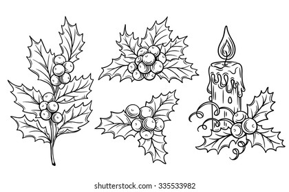 decorative  holly branches   festive candle for scrapbooking  coloring   festive design 