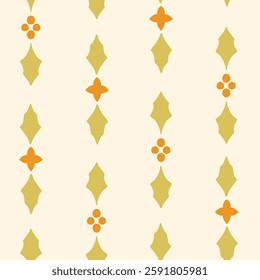 Decorative holly motifs arranged in stripes pattern in color palette of orange and green on a beige background. Christmas seamless vector pattern. Great for home decor, fabric, wallpaper, gift wrap.