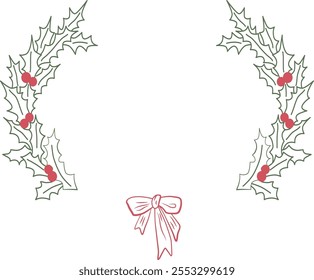 Decorative Holly Wreath with Red Ribbon illustration. Festive vector illustration perfect for Christmas card. Elegant classic frame in vintage style. 