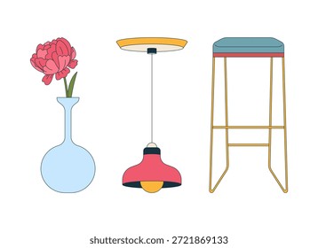 Decoração decorativa casa itens objetos de desenho animado 2D conjunto. Peony vaso de flor, pendurado lâmpada pingente retro, almofadado bar banqueta isolados elementos plana vetor clip artes no branco. Coleção de ilustrações especiais