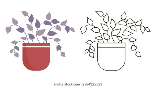 Decorative home flower. Pot with plant. Object of a room interior. Flat vector illustration. Color and black line