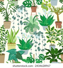 Decorative home plants in pots seamless pattern. Texture of Green potted indoor houseplants in interior. Home jungle cartoon style print. Trendy vector background. Boho home plants design illustration