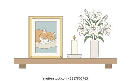 Decorative home shelf featuring framed picture of sleeping cat, burning candle, and lilies in vase.