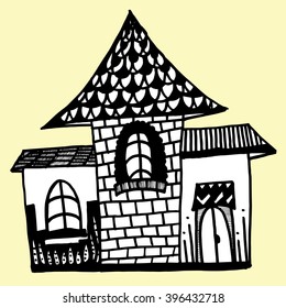 Decorative home. Stylized city. Street. Cottages. City landscape. Line art. Black and white drawing by hand. Children's art.